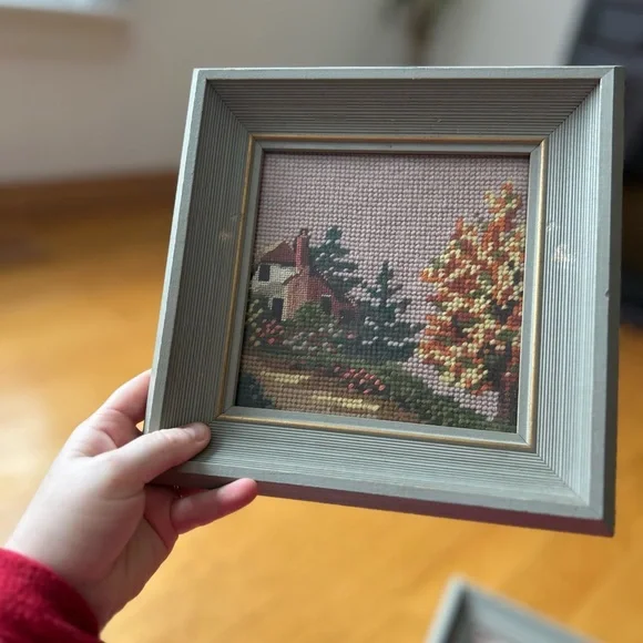 Pair of small Framed Cross-Stitch Cottage Landscape Scenes in Gray Frames - Picture 2 of 4
